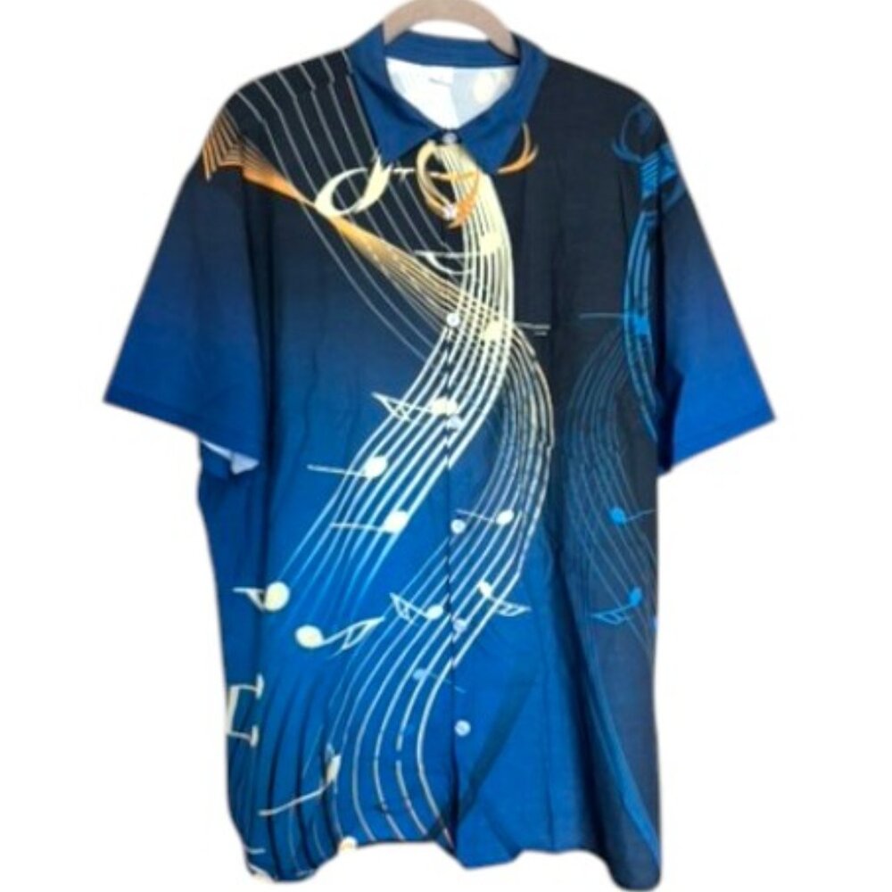 Men's Blue Gold Music Notes Graphic Short Sleeve Collared Shirt Sz L #03